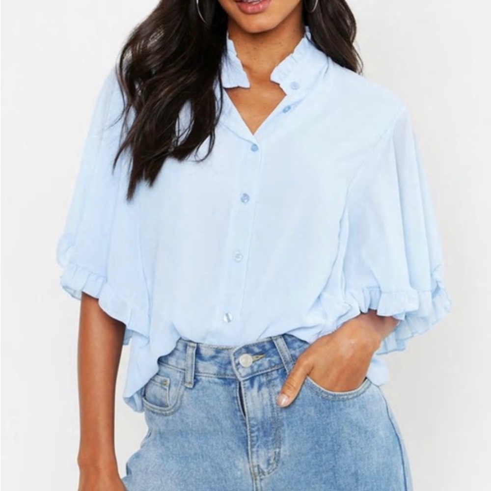 Boohoo Ruffle angel sleeve button blouse